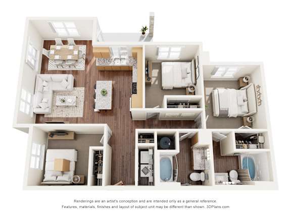 A 3D floor plan of a house with a kitchen, living room, and bathrooms.