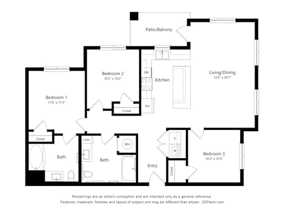 A black and white image of a floor plan for a home with three bedrooms, a bath, a kitchen, a living/dining area, and a patio/balcony.