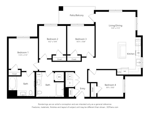 A black and white floor plan of a house with four bedrooms and a living area.