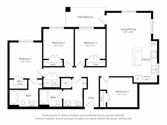 A black and white floor plan of a house with four bedrooms and a living/dining area.