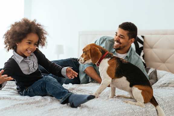 A man and a child are sitting on a bed with a dog standing on the bed.