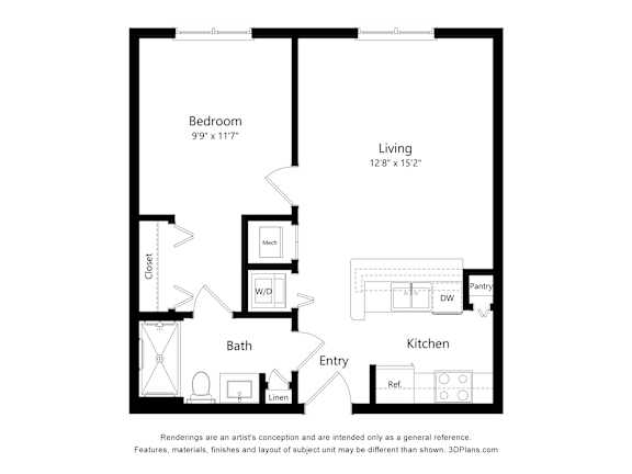 A floor plan of a small apartment with a bedroom, living room, kitchen, bathroom, and closet.