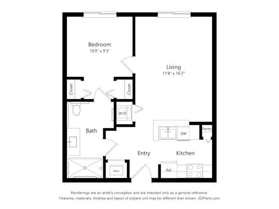 A black and white floor plan of a house with a bedroom, living room, kitchen, bathroom, entry and closet.