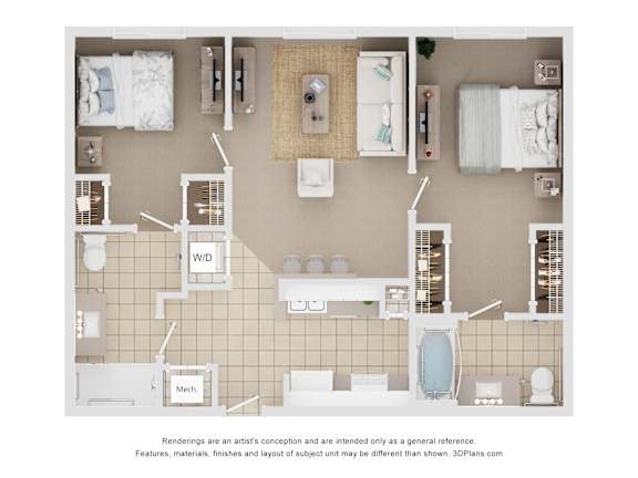 A floor plan of a small apartment with a kitchen, bathroom, and bedrooms.