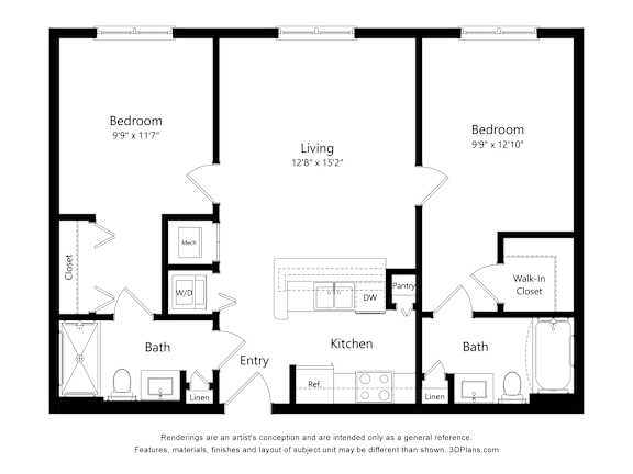 A black and white image of a floor plan for a home with two bedrooms, a living room, a kitchen, two bathrooms, a closet, a linen closet, a pantry, a refrigerator, a mic