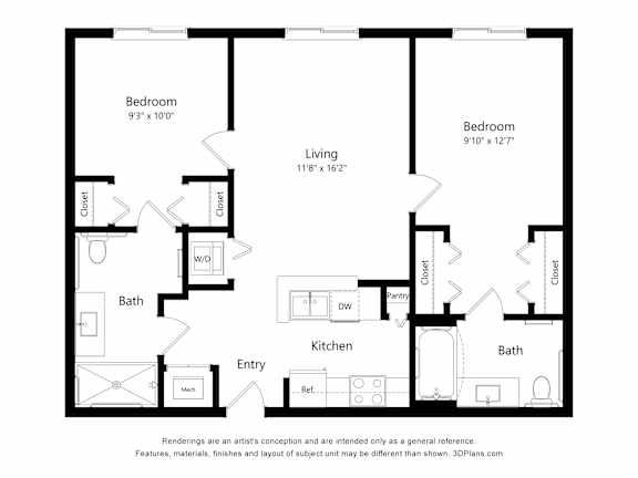 A black and white image of a floor plan for a house with two bedrooms, a living room, a kitchen, a bath, and an entry.