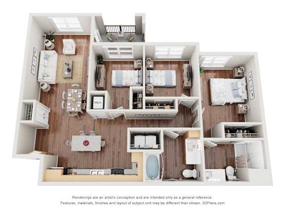 A 3D floor plan of a house with a kitchen, living room, and two bedrooms.