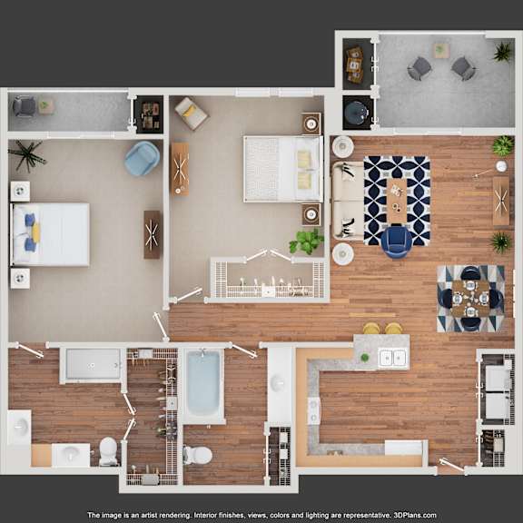 A 3D floor plan of a house with a living room, dining room, kitchen, and bathrooms.