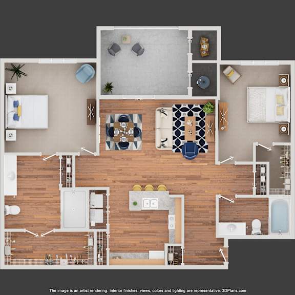 A 3D floor plan of a house with a kitchen, living room, dining area, and bathrooms.