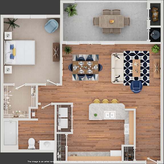 A top-down view of a living room with a dining area and kitchen.