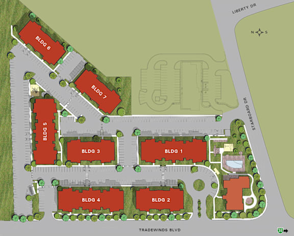 A map shows a layout of buildings labeled BLDG 1 through BLDG 7.