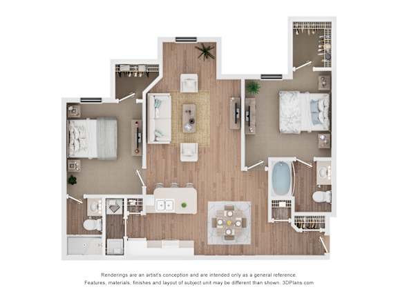 A 3D floor plan of a house with a kitchen, living room, and bathrooms.