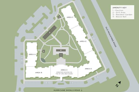 A map of an amenity key showing areas A to D and features like a pavilion, grill area, resident garden, and bocce ball court.