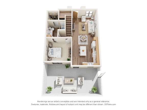 A 3D floor plan of a house with a living room, kitchen, and two bedrooms.