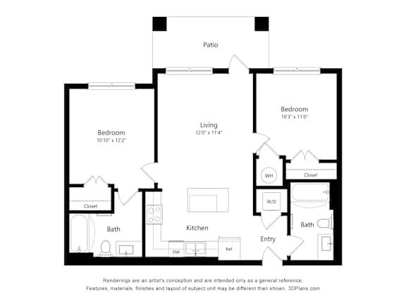 A black and white floor plan of a house with a living room, two bedrooms, a kitchen, a bathroom, and a patio.