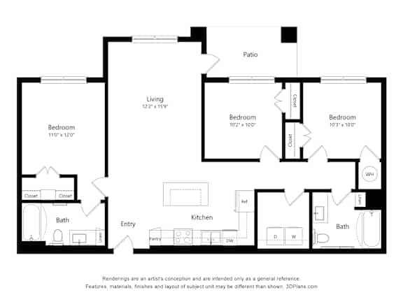 A black and white floor plan of a house with a living room, two bedrooms, a kitchen, a bathroom, and an entry.