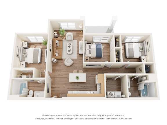 A 3D floor plan of a house with a kitchen, living room, and two bedrooms.