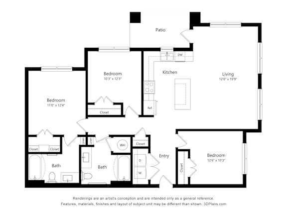 A black and white floor plan of a house with a living room, two bedrooms, a kitchen, two bathrooms, and a patio.
