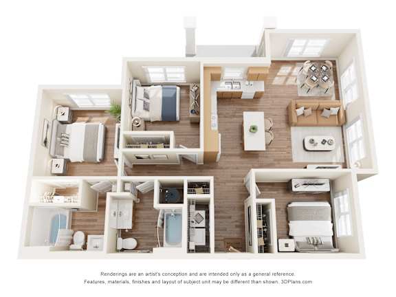 A 3D floor plan of a house with a kitchen, living room, and bathrooms.