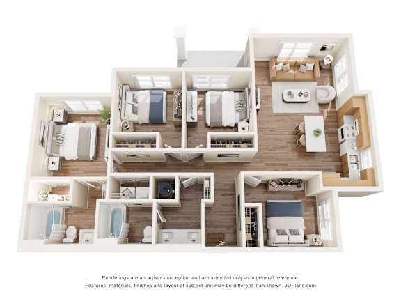 A 3D floor plan of a house with multiple rooms and furniture.