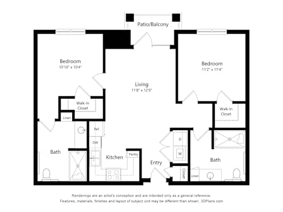 A black and white floor plan of a two-bedroom apartment.