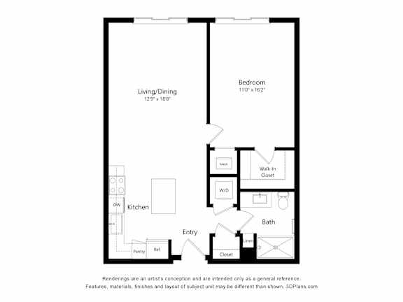 A floor plan of a small apartment with a living/dining area, kitchen, bathroom, and bedroom.