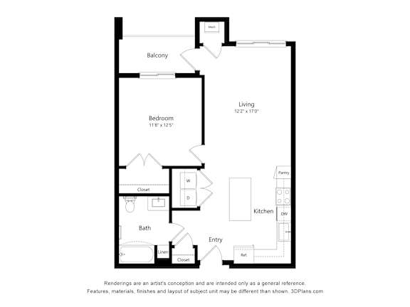 A floor plan of a small apartment with a bedroom, bathroom, kitchen, and living room.