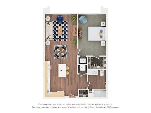 A floor plan of a house with a kitchen, living room, and dining area.