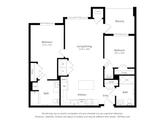 A black and white floor plan of a house with a balcony, two bedrooms, a living/dining area, a kitchen, a bath, a closet, a coat closet, a linen closet, a pantry