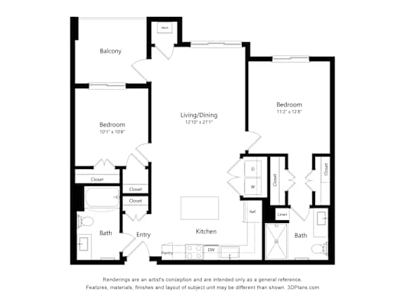 A black and white floor plan of a house with a living room, dining room, kitchen, two bedrooms, two bathrooms, and a balcony.