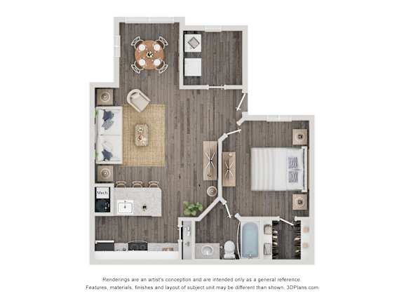 Floor Plan  A floor plan of a house with a kitchen, living room, and bathroom.