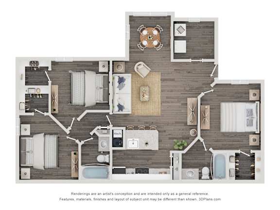 Floor Plan  A floor plan of a house with a kitchen, living room, and bathrooms.