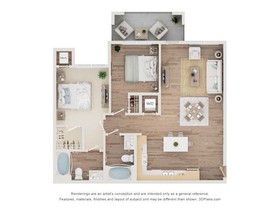A 3D floor plan of a house with a kitchen, living room, and bathroom.