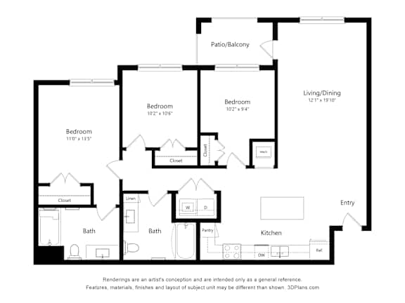 A floor plan of a house with a living room, dining room, kitchen, and three bedrooms.