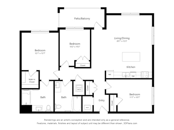 A black and white floor plan of a house with a living area, dining area, kitchen, and four bedrooms.