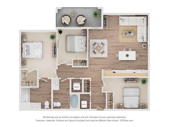 A 3D floor plan of a house with a kitchen, living room, and bathrooms.