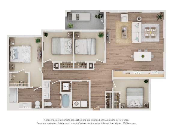 A floor plan of a house with two bedrooms, a living room, a kitchen, a bathroom, and a dining area.