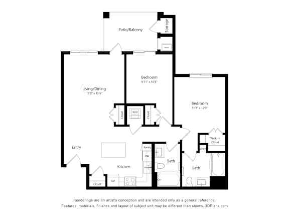 Two bedroom two bath floor plan layout at Turquoise Trail Apartments, Santa Fe, NM