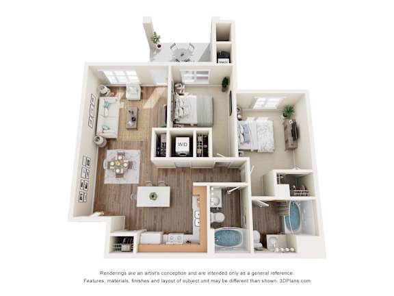 3D floor plan with two bedrooms and living area at Turquoise Trail Apartments, Santa Fe, 87508