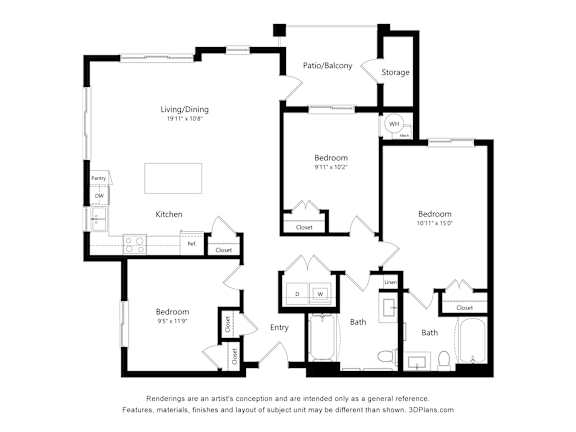 Three bedroom apartment floor plan with dual bathrooms at Turquoise Trail Apartments, Santa Fe, New Mexico