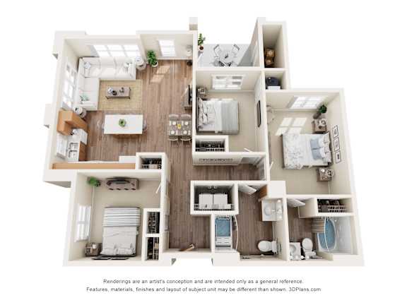 3D floor plan with three bedrooms and open living space at Turquoise Trail Apartments, Santa Fe
