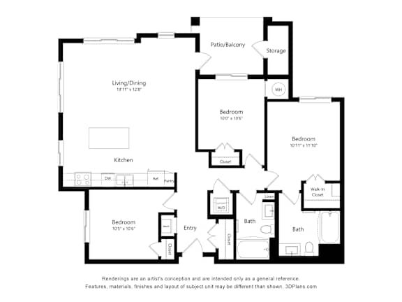 Three bedroom floor plan with patio balcony at Turquoise Trail Apartments, New Mexico