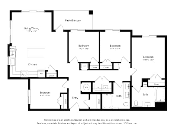 Four bedroom apartment floor plan with two bathrooms at Turquoise Trail Apartments, Santa Fe, NM 87508
