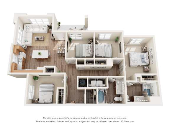 3D four bedroom floor plan with dual bathrooms at Turquoise Trail Apartments, Santa Fe, NM