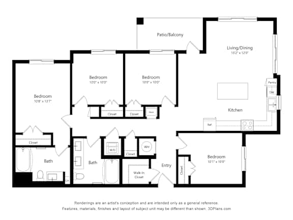 Four bedroom two bath floor plan with walk-in closet at Turquoise Trail Apartments, Santa Fe, 87508