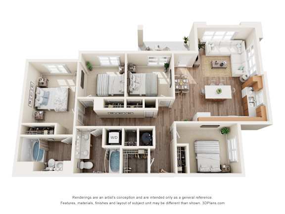 3D four bedroom layout with open kitchen and living room at Turquoise Trail Apartments, Santa Fe, New Mexico