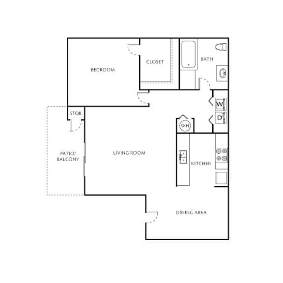 A floor plan of a house with a bedroom, living room, kitchen, dining area, and bathroom.