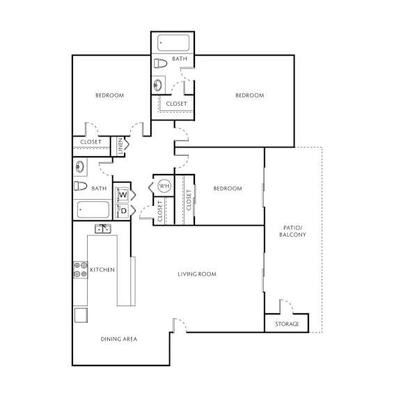 A floor plan of a house with a living room, two bedrooms, a kitchen, a dining area, and storage.