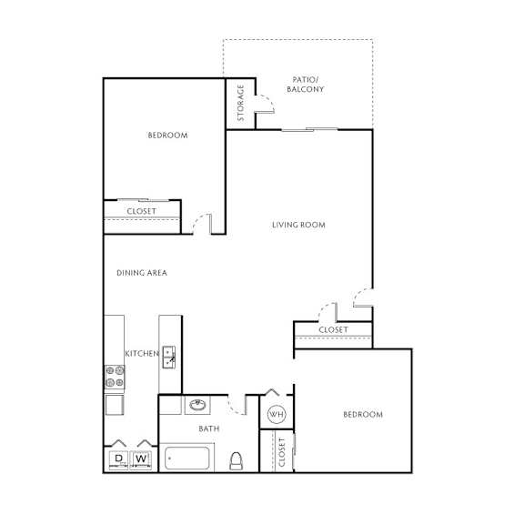 A floor plan of a home with a living room, dining area, kitchen, and two bedrooms.