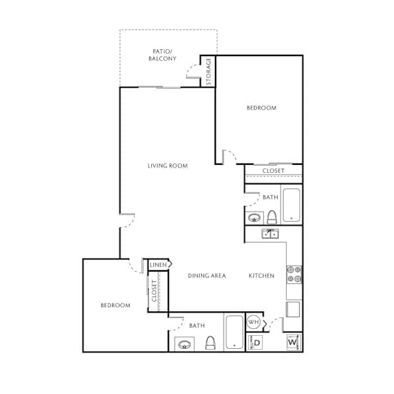A floor plan of a home with a living room, two bedrooms, a kitchen, a dining area, a closet, a bath, and storage.